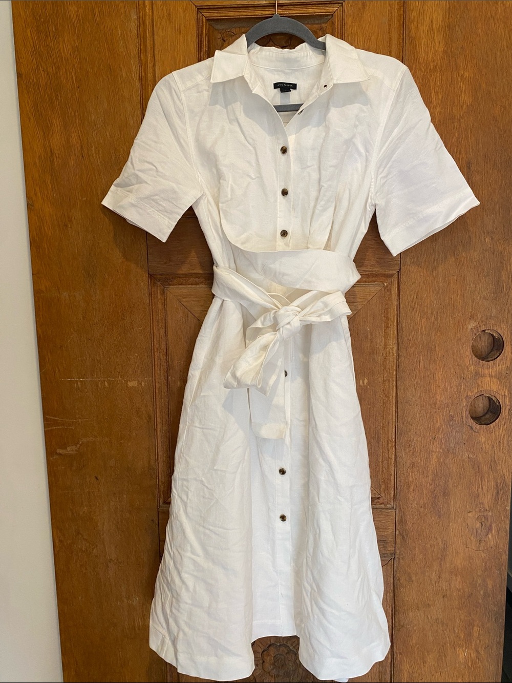 Ann Taylor linen blend shirt dress button front waist tie size 8 white